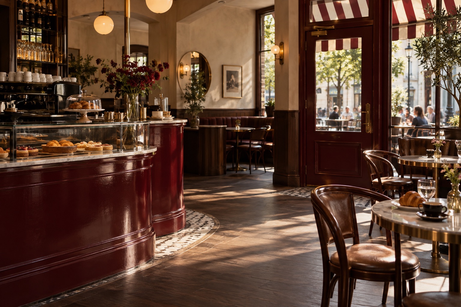 Café Marlow’s burgundy counter and warm neighbourhood interior