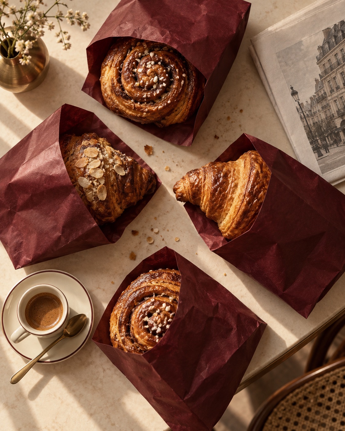 Cinnamon buns and croissants tucked into burgundy takeaway bags